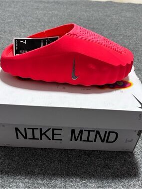 Size W7 - Nike Mind Solar Red Slip-On Foam Clog with Silver Swoosh